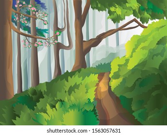 Bright sunny landscape. Forest path running along the bushes. Wild nature. Blooming tree. Location. Environmental protection. Vector image.
