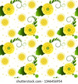 Bright sunny pattern of stylized yellow flowers with leaves and branches and a polka dot pattern on a white background. Vector seamless.
