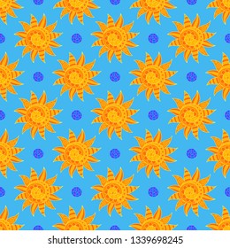 Bright Sunny Seamless Pattern of Hand-drawn Yellow Suns on Light Blue Backdrop. Continuous Symmetric Background in Doodle Art Style.