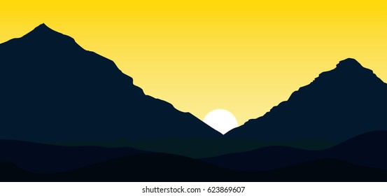 Bright sunny sky behind mountains silhouette
vector nature illustration, landscape, fields