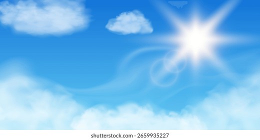 Cielo soleado brillante con nubes realistas blancas suaves y destellos de lente. Fondo azul con ambiente aireado natural. Concepto de Ilustración vectorial para Clima, naturaleza y medio ambiente