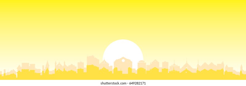 Bright sunrise over city silhouette
yellow sky and sunlight, vector cityscape illustration
