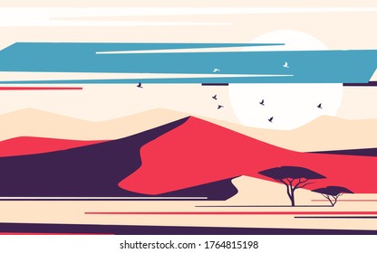 Bright sunrise over the desert sand dunes. Vector illustration.