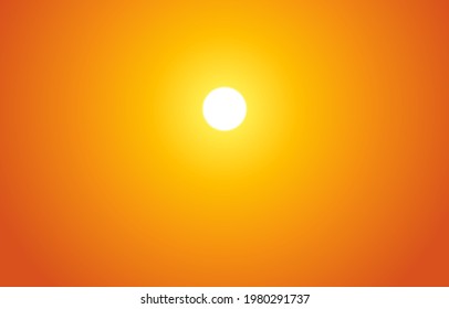 Bright sunset on the sky with yellow, orange, red gradient colors. Golden sunset or sunrise. Orange cloudless sky with sun. Natural panoramic with bright sunlight background. Vector illustration