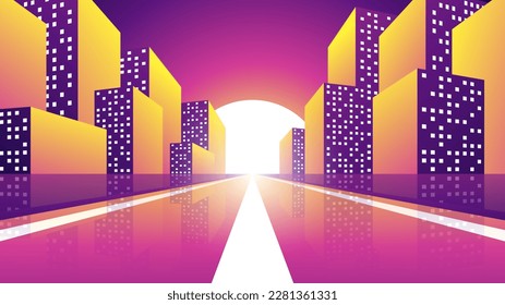 Bright sunset over the city. Evening horizontal illustration of a long straight road with office buildings.