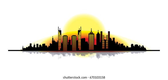 Bright sunset over city silhouette, reflection of sunlight on building's' windows
abstract vector cityscape 