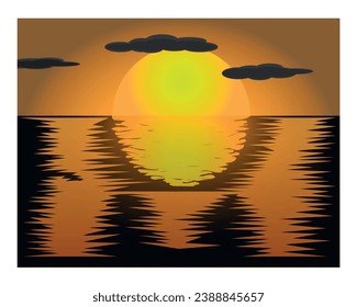 Bright sunset over the water.Vector illustration.