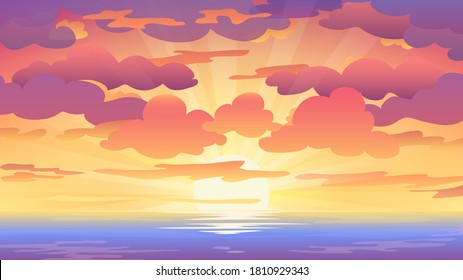 Bright sunset with sun, yellow sunbeams, pink clouds, sea, beach. Travel season vector poster background.  Tourism landscape: sunrise light, blue water, sun rays, reflection. Seascape with horizon.