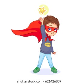 Bright super boy with red mask and long cloak, vector isolated drawing. Cute little super hero reaches out to a sparkling star.