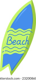 A bright surfboard. Vector illustration for badge, logo, print, postcard, cover, bag, case, invitation, label. Summer surfing, isolated realistic surfboard.