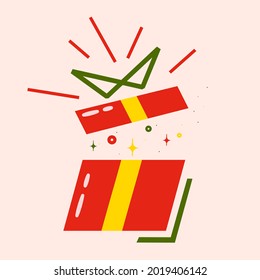 Bright surprise gift in flat style. Colorful open red gift box on a light background. Unusual souvenir for holidays, significant dates. The magical moment of opening a gift. Isolated vector design.