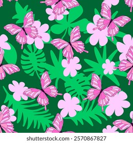 Bright swallowtail butterflies, tropical leaves and flowers. Seamless decorative pattern on a green background. 