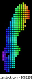 Bright Sweden Map. Vector territory plan in luminous spectrum color tints on a black background. Abstract Sweden Map composition is combined of colored square dots.