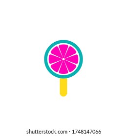 bright Sweet lollipop, round citrus sugar candy on plastic stick vector Illustration. childish