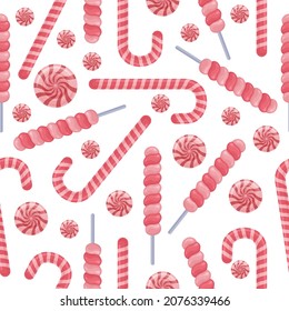 Bright sweet seamless pattern with the image of lollipops of various shapes and sizes. Christmas sweets. Candy pattern for printing in cartoon style. Vector illustration