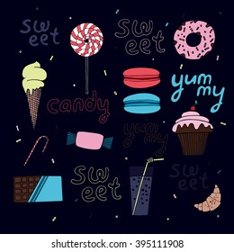 Bright sweet vector composition. Dessert. Sweets. Delicious. Vector background. 