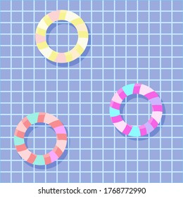 Bright swimming rings in a blue pool, simple flat vector illustration