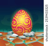 Bright swirled dragon egg in rocky landscape, glowing vibrantly. Vector cartoon illustration