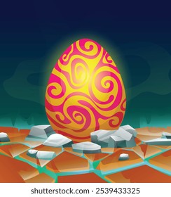 Bright swirled dragon egg in rocky landscape, glowing vibrantly. Vector cartoon illustration