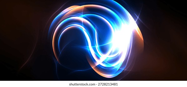 A luz brilhante giratória forma formas abstratas. Tons azuis e laranja dominam o fundo escuro. A energia é irradiada, criando um efeito visual dinâmico.