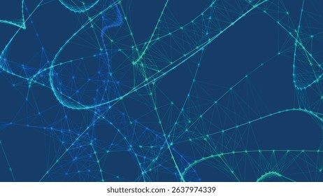 Bright, swirling light paths in shades of green and blue, creating a dynamic volumetric abstract background. Neural connections. Abstract biological cells. Vector illustration.