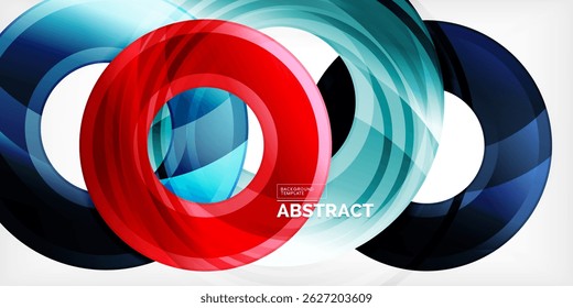 Bright swirling shapes overlap, creating dynamic abstract composition. Colors include red, blue, teal, white against black background.