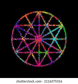 Bright symbol from sacred geometry on a black background. Design of flyers for parties, banners for websites, presentations, original packaging. Stock vector illustration.