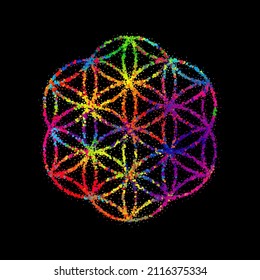 Bright symbol from sacred geometry on a black background. Design of flyers for parties, banners for websites, presentations, original packaging. Stock vector illustration.