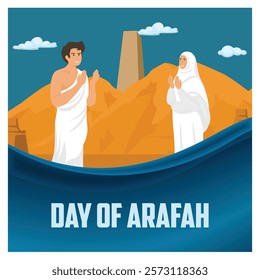 Bright and symbolic highlighting the religious observance of the Day of Arafah with pilgrims in traditional attire praying in a serene desert setting under a vibrant sky.