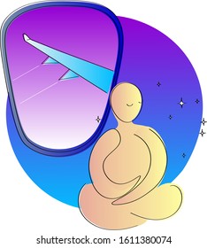Bright symbolic minimalist illustration showing the effect of meditation with a candle while flying