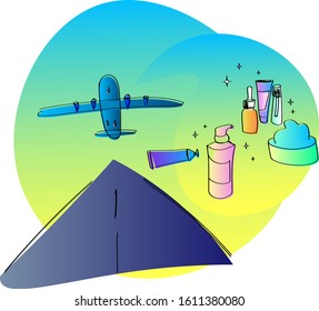 Bright symbolic minimalist illustration showing the use of cosmetic products while flying as well as liquids allowed on board