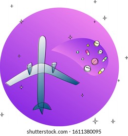 Bright symbolic minimalist illustration showing the use of pharmaceutical products while flying as well as liquids allowed on board