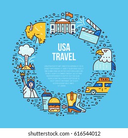 The bright symbols of America in line style placed in a circle vector illustration.