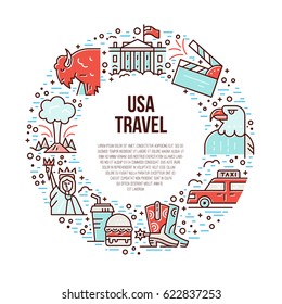 The bright symbols of America in line style placed in a circle vector illustration.