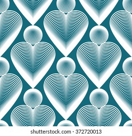 Bright symmetric seamless pattern with decorative hearts, art background. Romantic theme endless composition, for use in graphic design.