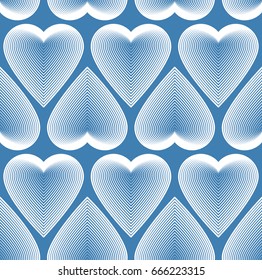 Bright symmetric seamless pattern with decorative hearts, art background. Romantic theme endless composition, for use in graphic design.