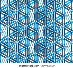 Bright symmetric seamless pattern with interweave figures. Continuous geometric composition with transparency effects, for use in graphic design.
