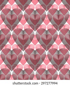 Bright symmetric seamless pattern with overlapping decorative hearts, art transparent background. Romantic theme endless composition, for use in graphic design.