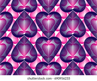 Bright symmetric seamless pattern with overlapping decorative hearts, art transparent background. Romantic theme endless composition, for use in graphic design.
