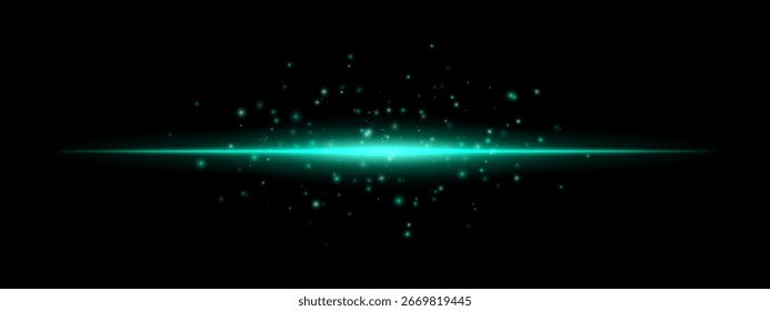 Brilhante rajada de luz simétrica com partículas flutuantes acima. Feixe radiante forma flare central e brilho espalhado no fundo escuro.