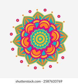Bright symmetrical mandala with Indian patterns. A detailed vector illustration featuring ethnic ornamental elements. Isolated on a white background.