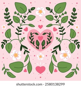 Bright symmetrical vector postcard with a heart and green plants. A gift for Valentine's Day, a wedding. Wallpaper, poster, textiles