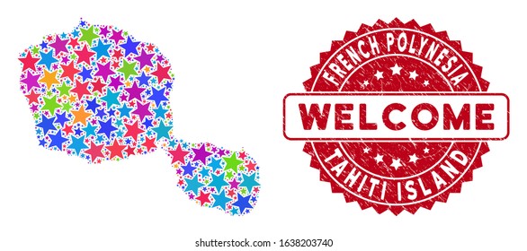 Bright Tahiti Island map composition of stars, and grunge rounded red WELCOME stamp. Abstract territory plan in bright color tints. Vector Tahiti Island map is designed of color stars.
