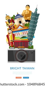Bright Taiwan poster, vector illustration. Big camera on background of famous traditional and modern asian buildings. Time to travel concept. Worldwide traveling. Taiwan landmarks website template
