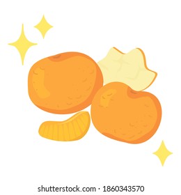 Bright tangerine Christmas composition. Whole fruit, mandarin peel, slice. Winter holiday, healthy snack, New Year food concept. Stock vector illustration isolated on white in flat cartoon style