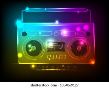 Bright tape recorder with elements of colorful neon for your design. Vector illustration