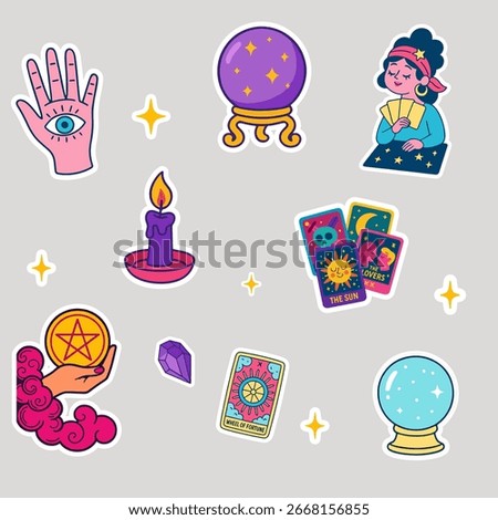 Bright tarot sticker set with magic symbols: crystal ball, tarot cards, pentacle, palm with eye, candle, crystal. Vector illustration on transparent background.