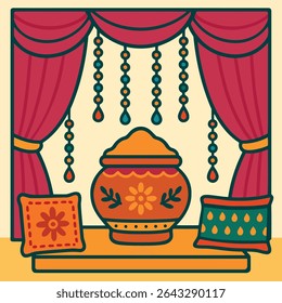 Bright Tassel Hangings with Embroidered Indian Pillows for Festive Wedding and Cultural Events