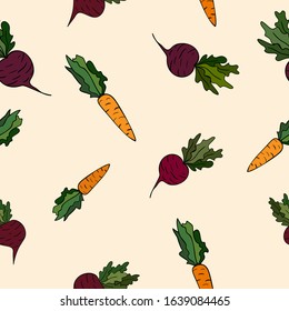 Bright tasty carrot and beet pattern on light yellow background. Fresh and organic wallpaper from vegetables. Suitable for wrapping, menu design.