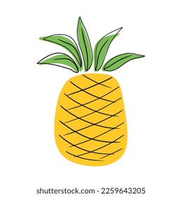 Piña de caricatura plana brillante con un estilo de doodle simple con líneas negras aisladas en fondo blanco. Ilustración vectorial a mano, fruta sabrosa, exótica, vitamina, cóctel, menú, ingrediente
